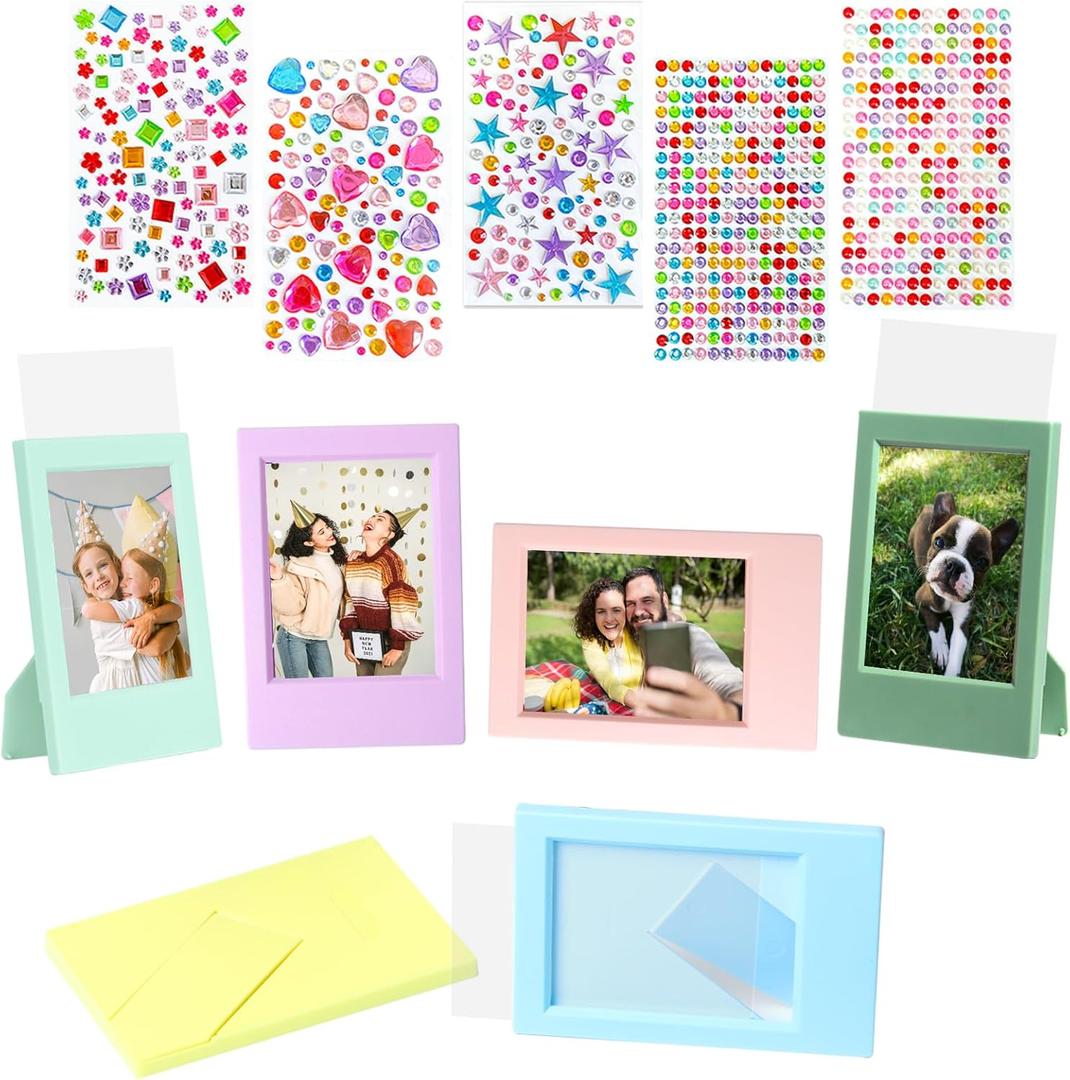 JOYZO6+52x3 Picture Frames and Gem Stickers Set, fits for Fujifilm Instax/Polaroid Mini 3Inch Photo Desktop Stand up Display, 6 Pack Small Picture Frames with Clear Front and 853pcs DIY Gems