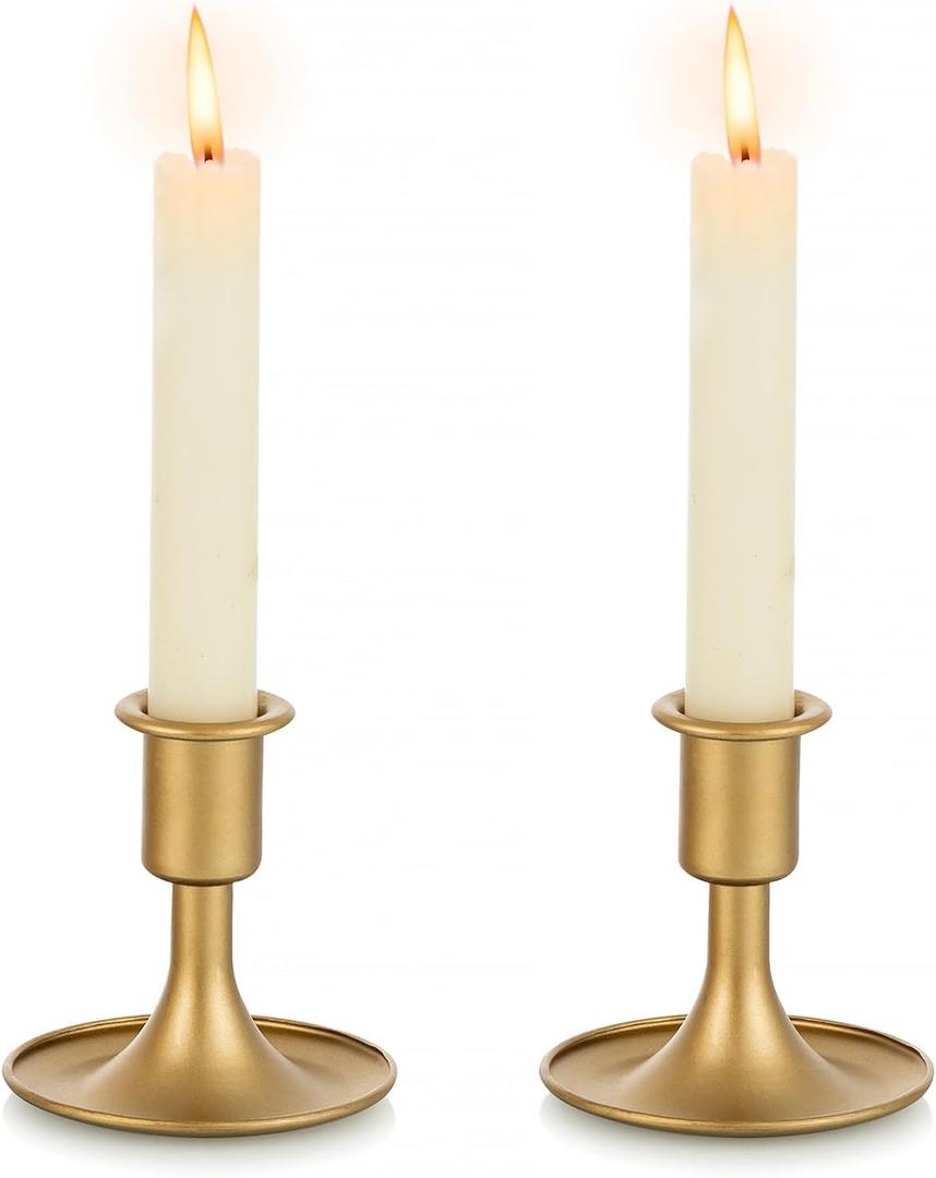 Gold Taper Candle Holder Set of 2, Hewory Short Skinny Brass Candlestick Holders, Vintage Small Low Metal Candles Sticks for Wedding Centerpieces Christmas Birthday Party Holiday Dinning Table Decor (Gold-2pcs)