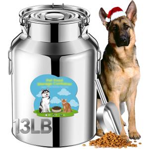 13lb Stainless Steel Dog Food Storage Container, Metal Pet Storage Container with Airtight Hangable Lid to Keep Food Fresh, Large Cat Food Storage Container with Scoop to Easily Clean