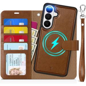 TUCCH 2-in-1 Detachable Wallet Case for Galaxy S26+ Plus, RFID Blocking 4 Card Holders Wireless Charging Wrist Strap Kickstand, Magnetic PU Leather Protective Cover for Galaxy S26+ 6.7" 2026, Brown