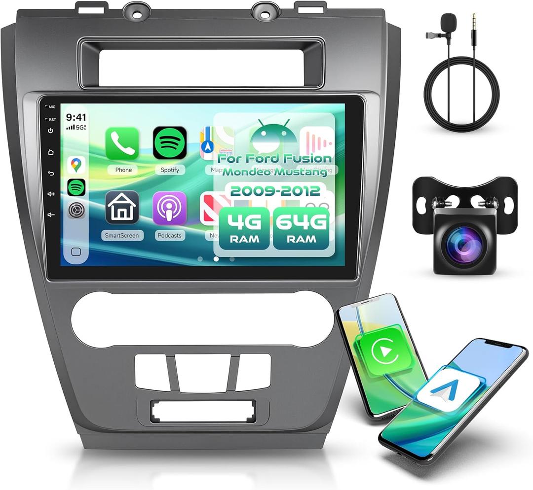 Rimoody 4G+64G Android Car Stereo Radio for Ford Fusion Mondeo Mustang 2009-2012 with Wireless Carplay Android Auto, 10.1'' Touchscreen Head Unit GPS Bluetooth 5G-WiFi FM/RDS EQ-32 Backup Camera SWC