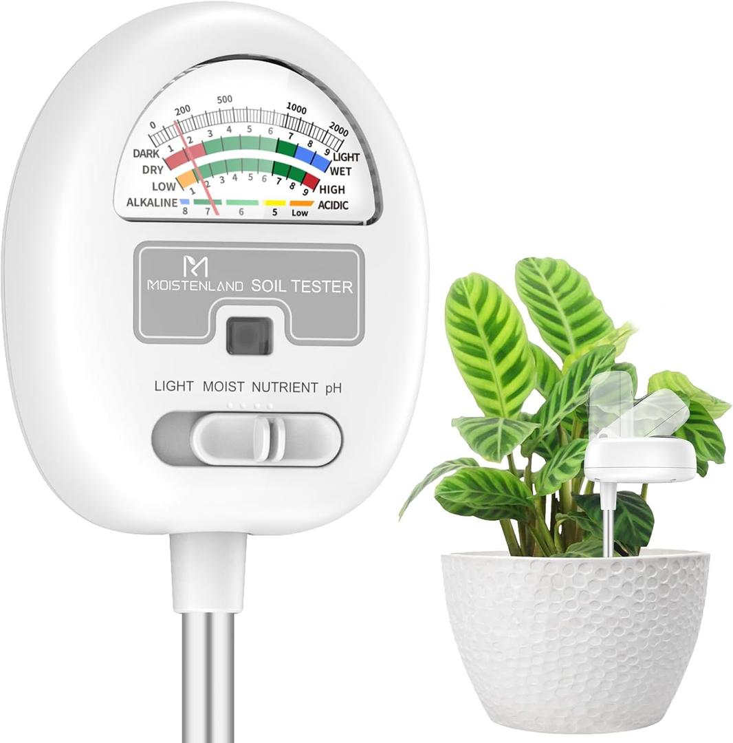 [Upgraded] Soil Moisture Meter, 4-in-1 Soil pH Tester, Moisture/Light/Nutrients/pH Meter for Gardening, Lawn, Farming, Indoor & Outdoor Plants Use, No Batteries Required, Gifts for Plants Lover (White)