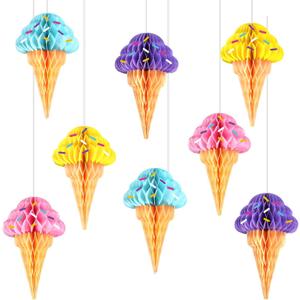 8PCS Ice Cream Honeycomb Balls Decorations Centerpieces for Tables Ice Cream Hanging Ceiling Sign Tissue Paper Ice Cream Party Supplies for Summer Theme Birthday Baby Shower Bridal Shower Party Favor
