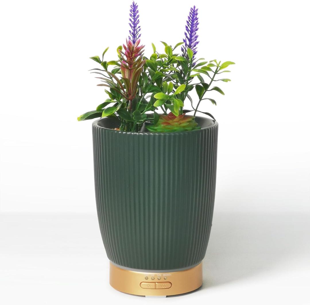 Earnest Living Essential Oil Diffuser Ceramic Artificial Succulent Plants Potted Diffuser 100 ml for Lavender Essential Oils Timers Night Lights and Auto Off Humidifier Aromatherapy Diffusers for Gift (Green)