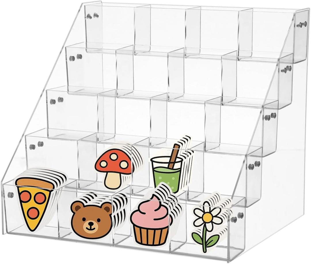 OMISTAR 5-Tier Sticker Acrylic Display Stand, Clear Sticker Holder with 20 Pockets, 4 in Large Sticker Holder Organizer, Storage Container for Trading Cards, Pins, Business Cards, Vendor Display Rack