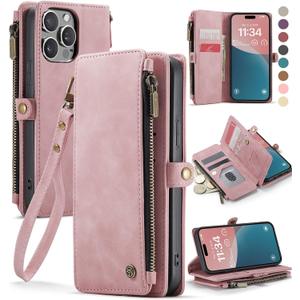 Defencase Compatible with iPhone 14 Pro Case Wallet with RFID Blocking Card Holder for Women Men, PU Leather Magnetic Snap Flip Zipper Strap Wallet Phone Case Fit for iPhone 14 Pro 6.1", Rose Pink
