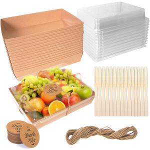 30Pack 7x5 Inches Charcuterie Boxes with Clear Lids Kraft Paper Bakery Dessert Sandwich Box Disposable Food Take Out Containers for Strawberry Dessert Cheese Cake Sandwich Brown (Style 2)