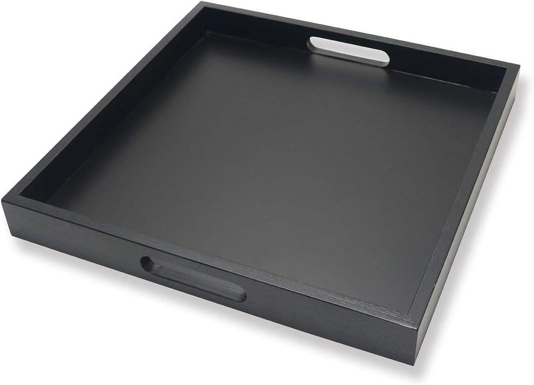 Square Wood Serving Tray with Handle, Ottoman Decorative for Home, 16x16 inches Black