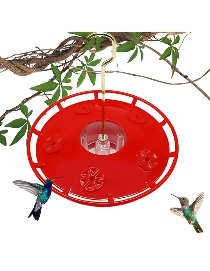 Hummingbird Feeder, 12oz Plastic Disc Hummingbird Feeders for Outdoors Hanging, Leak-Resistant Nectar Feeder with 5 Ports, Easy Clean & Refill, Built-in Ant Moat for Garden (1, RED)