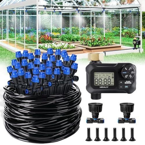 HIRALIY 118FT Greenhouse Misting Drip Irrigation Kit with Water Timer, Quick Connector Design Garden Watering System, Automatic Irrigation System with Tubing, Nozzles for Hanging Plants, Raised Bed