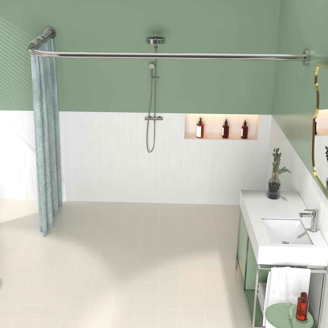 L Shaped Shower Curtain Rod,28-39 X 43-67 Inch Curved Shower Rod,Adjustable Shower Rods for Bathroom,Stainless Drilling Shower Curtain Rods with 18 Ring Hooks,for Bathroom Tub Dressing Room