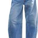Allimy Womens High Waisted Barrel Horseshoe Baggy Jeans Trendy 2026 with Raw Hem Non Stretch, Blue, Size 10