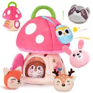 hahaland Baby Toys 6-12 Months - 6 7 8 9 10 Month Old Girl Montessori Toys | My First Mushroom House with Stuffed Jungle Animals, Rattle, Crinkle Paper, Mirror, Sensory Toy Baby Girl Gifts