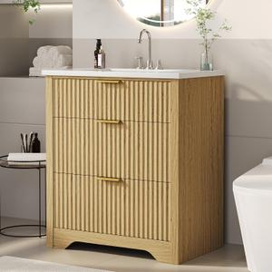 Garvee 24" Fluted Bathroom Vanity with Sink, Farmhouse Freestanding Bathroom Sink Cabinet with 2 Drawers & 1 Flip-Down Drawer, Easy Assembly & Cleaning, Natural Oak