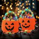 Zopeal 2 Pack Halloween Pumpkin Basket Trick or Treat Basket with LED String Lights & wooden ornaments Boo Spooky Small bags Jack O Lantern Bags for Girls Boys Kids Party Favor (Orange)