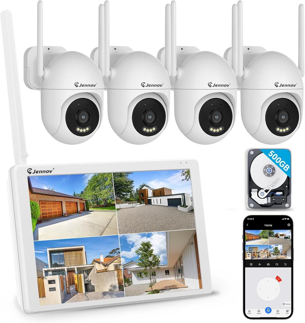 Jennov 5MP Wireless Security Camera System with Monitor, 4 Outlet-Powered Cameras, 10CH NVR Kit with 500GB HDD, Night Vision, Motion Detection, IP66, No Subscription, Home Surveillance Indoor Outdoor