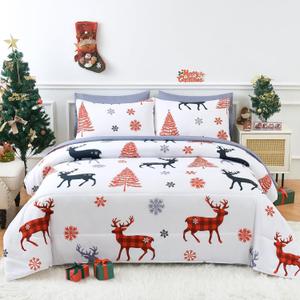 YIYEA Christmas Comforter Set, 7 Pieces Bed in a Bag, Christmas Bedding Sets with Comforter, Flat Sheet, Fitted Sheet, 2 Embroidered Pillowcases, and 2 Printed Pillowcases, Queen