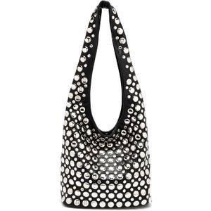 Stylish Studded Hobo Bag Y2K Rivets Bucket Purse for Women Trendy Small Shoulder Tote Handbag (Black)