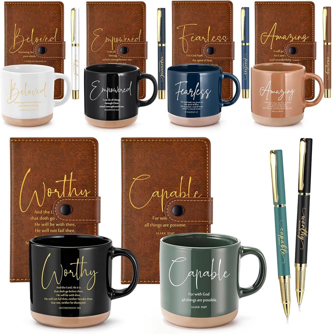 Potchen 18 Pcs 18 Pcs Christian Fathers Day Church Gift 13oz Bible Verse Ceramic Coffee Mugs with Leather Journal Pen Inspirational Religious Gift for Male Teacher Nurse Pastor (Bible,Neutral Brown)