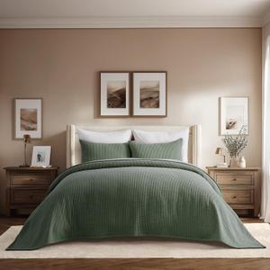 Cotton Gauze Queen Bedspread, Ultra Soft Prewashed Pick Stitch Matelassé Coverlet, Lightweight Textured Oversized Queen Quilt Bedding Set for All Season, with 2 Shams, Olive Green, Size Full/Queen