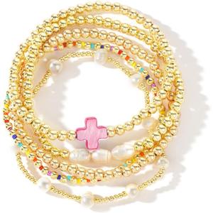 14K Gold Pearl Beaded Cross Bracelets Stack Set for Women,Stretch Boho Colorful Christian Beads Ball Jewelry Trendy Gift (Pink)