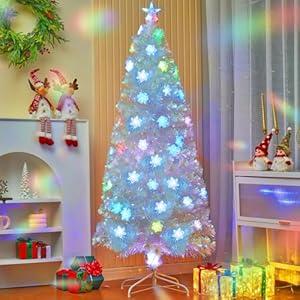 Juegoal 6ft Pre-Lit Artificial Christmas Tree, Lighted Optical Fiber Xmas Trees with Color Changing LED Lights, Snowflakes & Top Star, Party Home Holiday Fake Multicolored Tree with Metal Legs, White