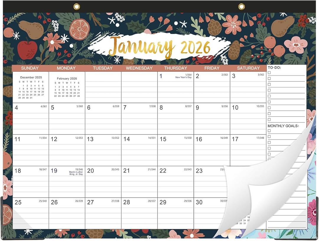 4 x 2026 Desk Calendar - JAN 2026 - DEC 2026, 2026 Calendar, 12 Monthly Calendar, 17" x 12", Desk/Wall Calendar 2026 with Desk Pad, Ruled Blocks, To-do List & Notes, Tear Off, Twin-Wire Binding, Large Desk Calendar for Home & Office Organizing - Floral