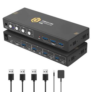USB3.0 KVM Switch HDMI 4K@60Hz for 4 Computers Share 1 Monitor, KVM Switch 4 Port with 3 USB 3.0 Ports Share Keyboard Mouse, Support Button Switch, Plug and Play