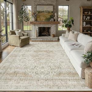 8x10 Washable Beige Area Rug Vintage Living Room Bedroom Carpet Non-Slip Soft Low Pile Distressed Indoor Large Throw Rug for Dining Room Office
