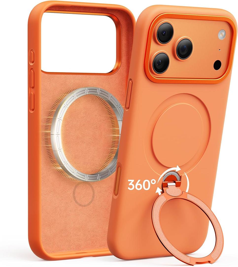 Liquid Silicone for iPhone 17 Pro Case, Fit for MagSafe, 360 Spin Stand, Soft Liquid Silicone Cozy Grip, Camera Control, Protective Case for iPhone 17 Pro Silicone, Cosmic Orange