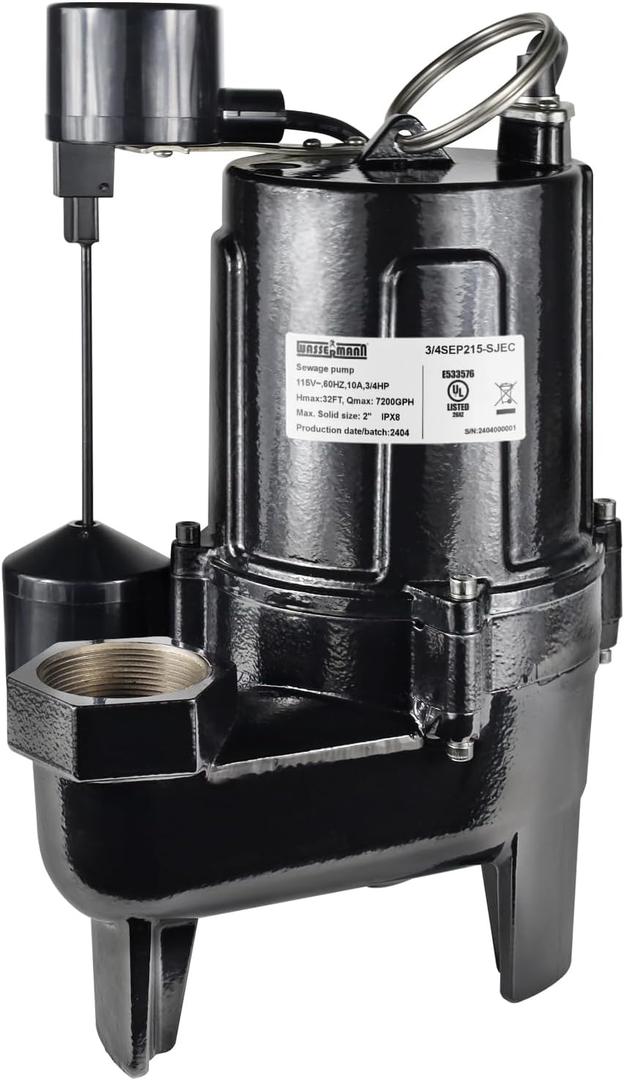 WASSERMANN 3/4 HP Sewage Pump 2 inch Discharge with Auto Float Switch, 115V 7200 GPH Cast Iron Submersible Sewage Pump, Sump Pump for Basement Sump Basin Sewer Well 2" NPT Discharge with 10 FT Cable
