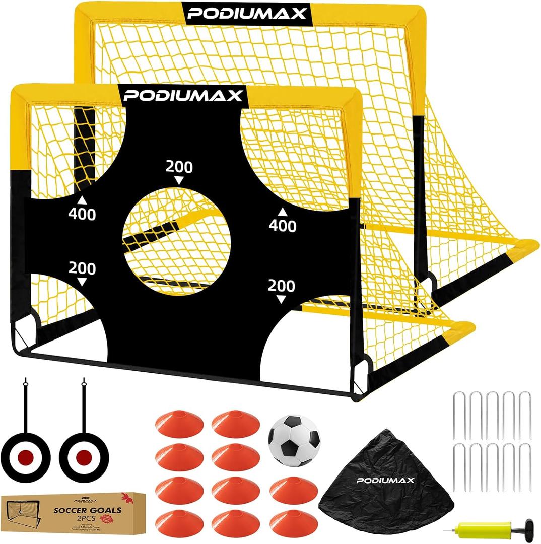 PodiuMax Kids Soccer Goal Set of 2, 4x3ft Pop up Portable Soccer Goals for Backyard, Soccer Net for Kids Age 3 4 5 6 7 8, Toddler Soccer Goal Gift with 1 Ball, 1 Target Net, 10 Cones, 2 Targets