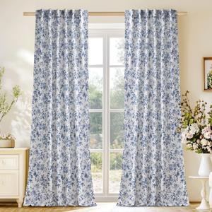NICETOWN Blue Floral Curtains for Bedroom & Living Room, Linen Blend Drapes with Vintage Peony, Privacy & Light Filtering Inspired by British Museum's Blue & White Porcelain, W52 x L90 in, 2 Panels (Indigo)