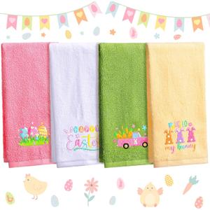 Pickmesh 4 Pcs Easter Hand Towels Set Cotton Embroidered Kitchen Towels Bunny Eggs Floral Dish Towels 13.3 x 29 Inches Flowers Decorative Bathroom Gift Set for Holiday Housewarming Gift