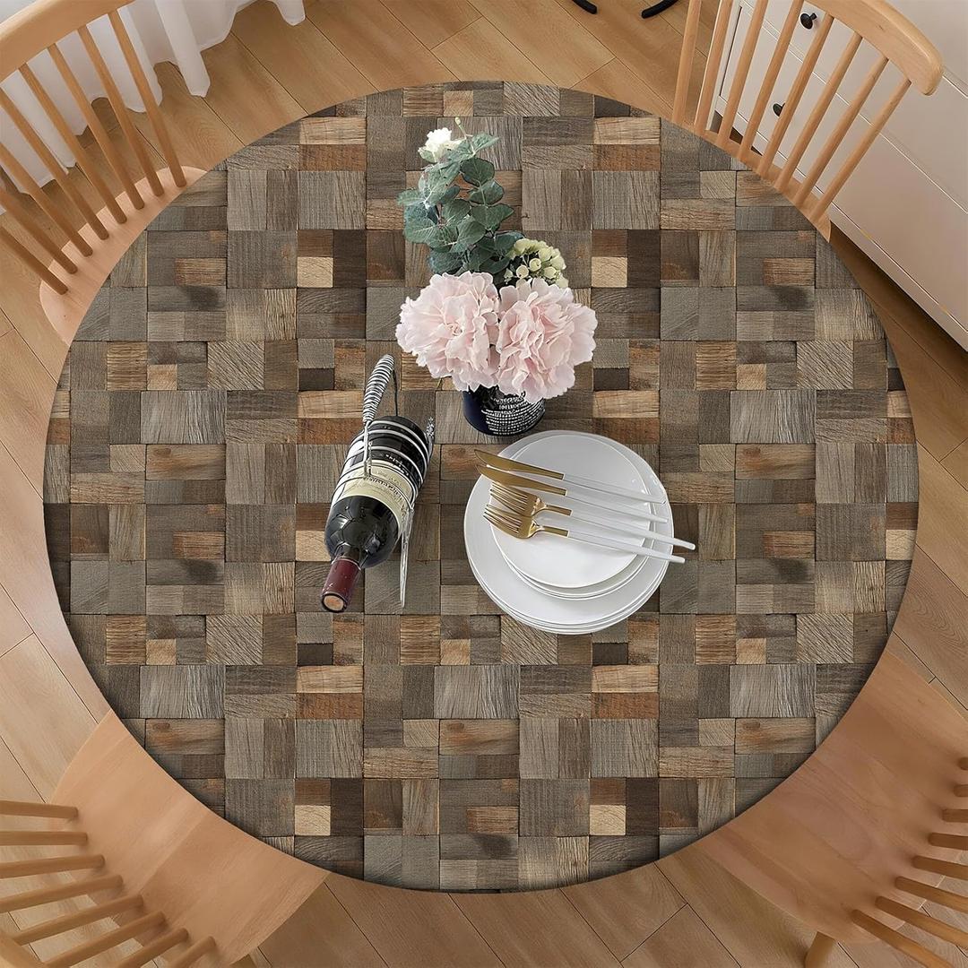 Polyester Round Tablecloth Fitted,Gray Brown Wooden Mosaic Tile-Patterned Tablecloths, Washable for Kitchen Dining Outdoor Party Picnic Wedding Banquet 36"-44"