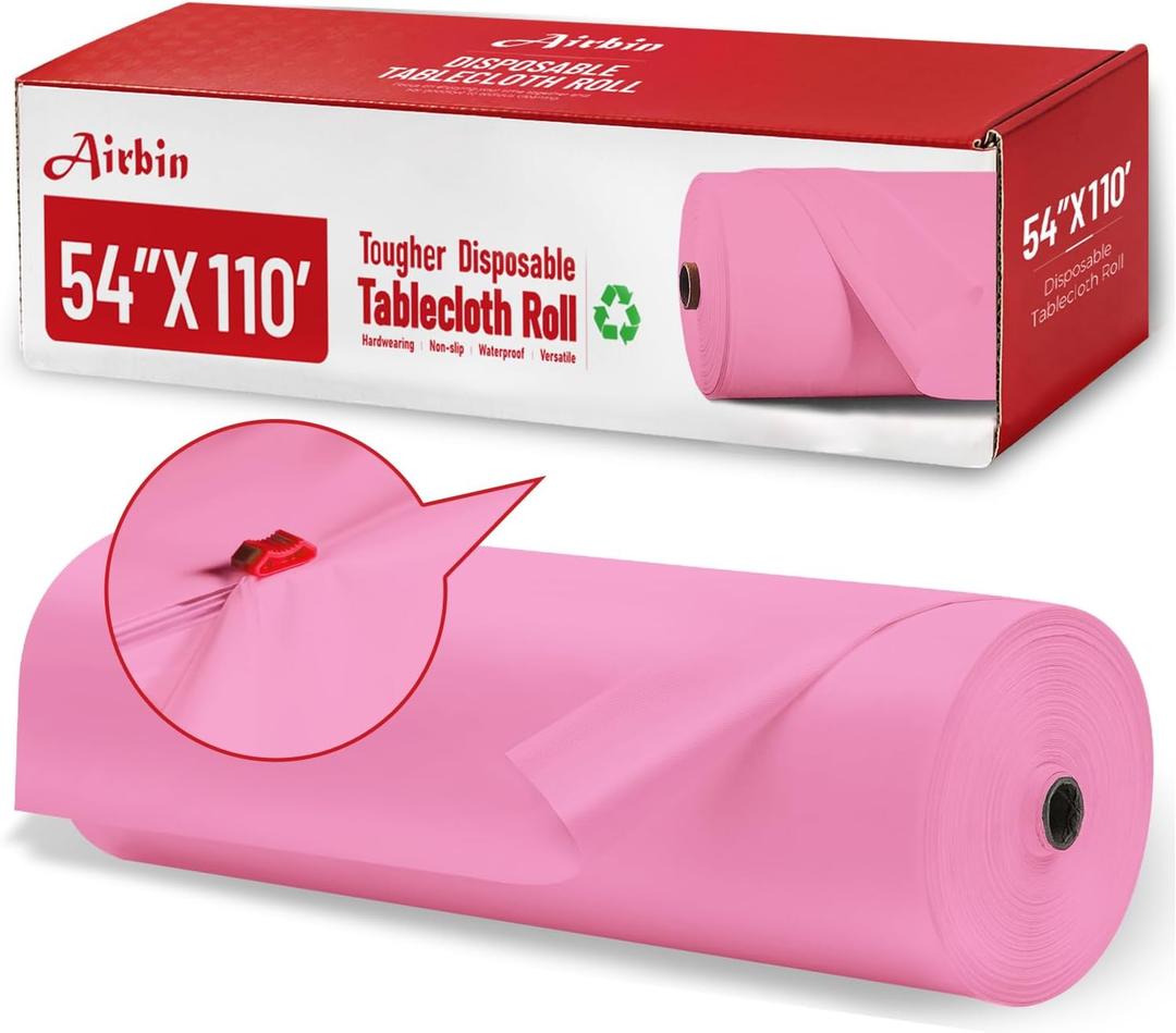 Plastic Table Cloth, 110 Ft X 54 in Plastic Table Cloth Disposable Pink Tablecloth with Any Cut Sliding Cutters Premium PEVA Disposable Tablecloth for Picnics, Parties, Birthdays, Festivals (110 Feet Roll)