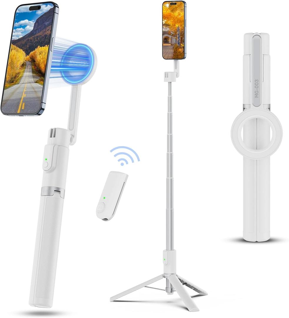 ULANZI 54'' Magnetic Selfie Stick Tripod Pro, All-in-One Phone Tripod w Magnetic Phone Holder & Detachable Wireless Remote, C/W Magsafe, for iPhone 16 15 14 13 12 Series & Android Phones (White)