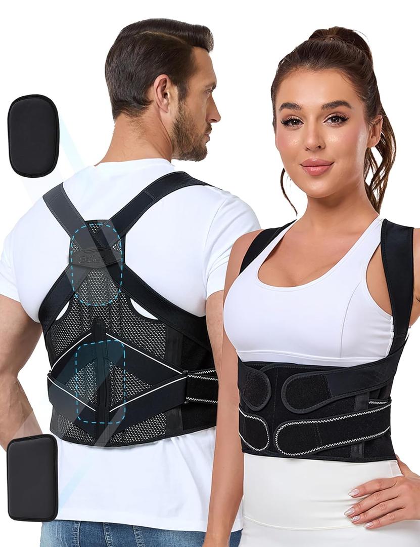 Posture Corrector for Women and Men with Bionic System, Precise Full Back Support Back Brace for Upper and Lower Back Pain Relief with Two 3D Pads (L (Waist 40''-46''), Black)