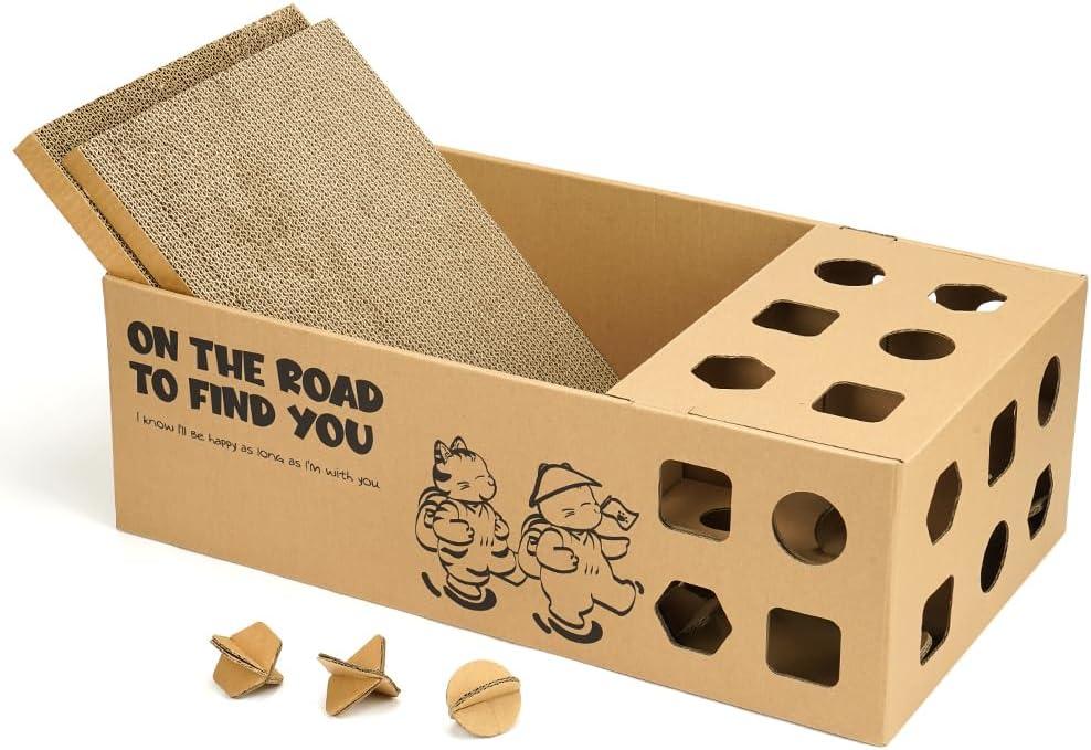 3-in-1 Multi-Functional Cardboard Cat Scratcher Box with Double-Sided Scratch Pad and Interactive Toy Assortment - Includes Refillable Pads and Treat Puzzle Box - Ideal for Indoor Cats