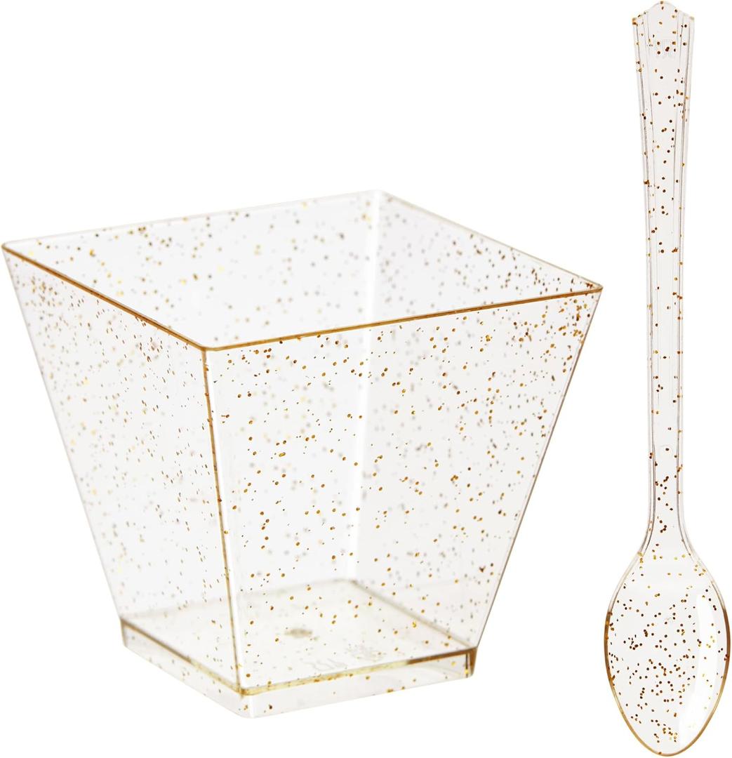 200 Pack Gold Glitter Square Dessert Cups with Spoons, 100 Disposable Mini Dessert Shooter Cups with 100 Spoons for Party Events, Appetizers, Tasting Party, Snacks, Parfait (2 oz)