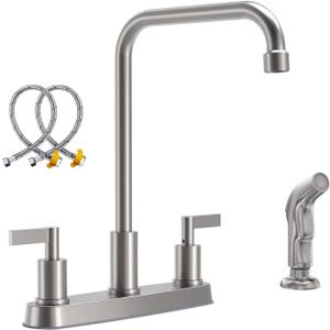 Kitchen Faucet with Sprayer,Brushed Nickel Kitchen Sink Faucet,3 Hole or 4 Hole Faucet for Kitchen Sink,Stainless Steel 2 Handle Kitchen Faucet with Side Sprayer,4 Hole Kitchen Faucets