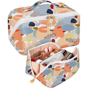 Bistup Makeup Bag Travel Cosmetic Bag Toiletry Make Up Bags Cute Women Large Capacity Big Medium Leather Abstract Aesthetic Portable Teen Girls Teenage Foldable Expandable Compact Open Flat Zip