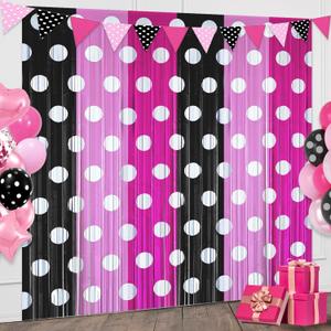 Pink Black Foil Fringe Curtains Birthday Decorations, 2 Pack 3.2x6.6ft Mouse Color Tinsel Streamers Backdrop Baby Shower Cartoon Mouse Birthday Party Decorations Supplies