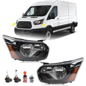 Pair Headlight Assembly Fit for 2015-2020 Ford Transit 150 250 350 Halogen Head Lamp Black Housing Left Driver and Right Passenger Side CK4Z13008G FO2503357 CK4Z13008F FO2502357