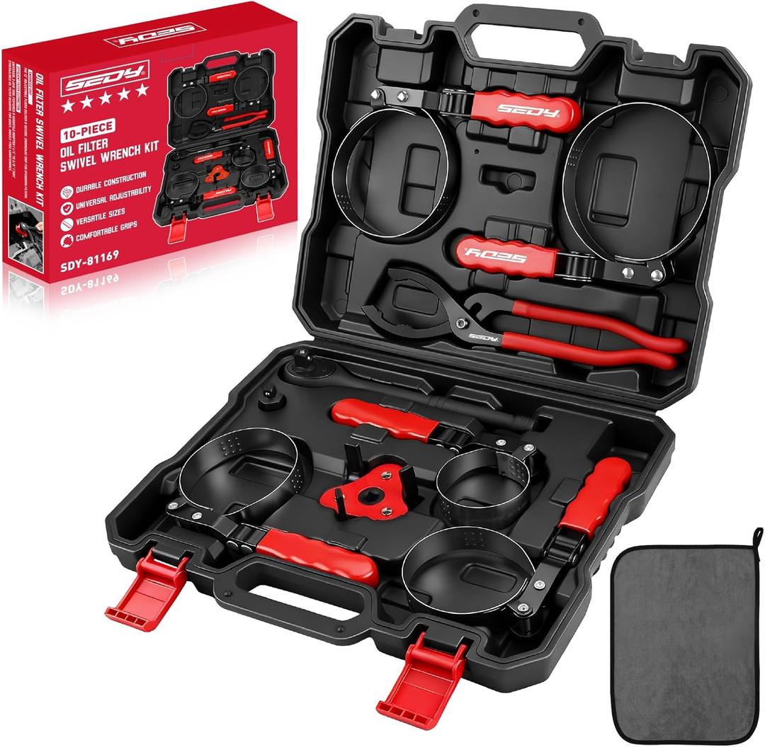 10-Piece Oil Filter Wrench Set 2-3/8"to 4-3/4", 12-Inch Adjustable Oil Filter Plier, Universal 3-Jaw Oil Filter Wrench, 1/2"Quick Release Ratchet Handle, 1/2"-3/8" Adapter, Towel in Storage Case