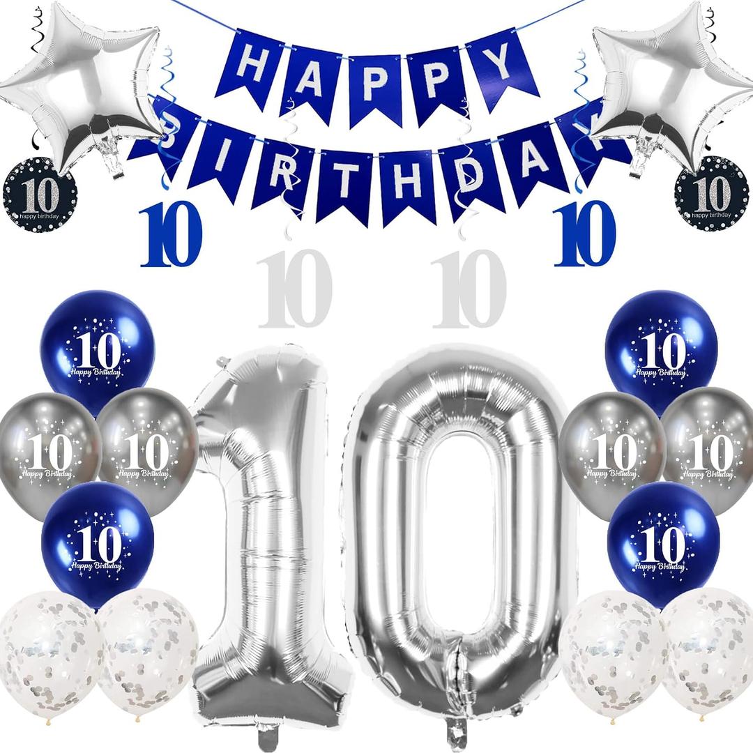 3 x Silver 10th Birthday Decorations Kit with 32in Number 10 Foil Balloon, Swirl Decorations, Happy Birthday Banner & Star Foil Balloons for Tenth Birthday Party