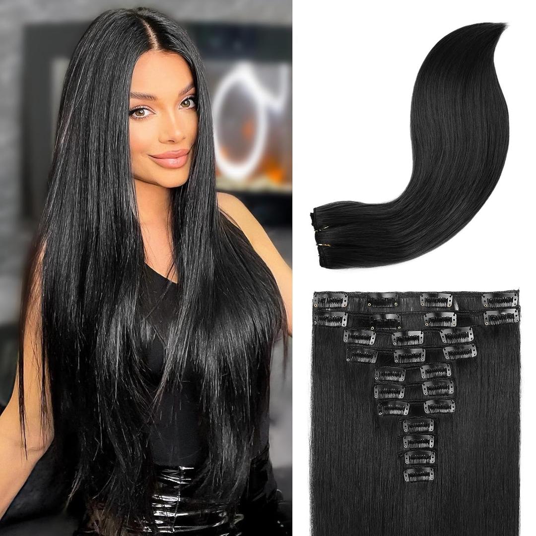 REECHO Hair Extensions, 11PCS Clip in Hair Extensions 28" Long Straight hair extensions HE005 Natural Soft Synthetic Hairpieces for Women Black