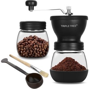 Manual Coffee Grinder with Ceramic Burrs and Lengthen Stainless Steel Handle, Hand Coffee Mill with 2 Glass Jars(11oz each), Brush and Tablespoon Scoop, Coffee Bean Grinder for Home, Camping, Black