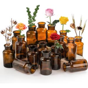 TOPZEA Set of 16 Amber Glass Bud Vases, 8.5 oz Small Brown Bud Vase Bulk Boho Glass Vase Decorative Medicine Bottle Vintage Apothecary Jar for Flower, Wedding Reception, Table Centerpieces, Home Decor