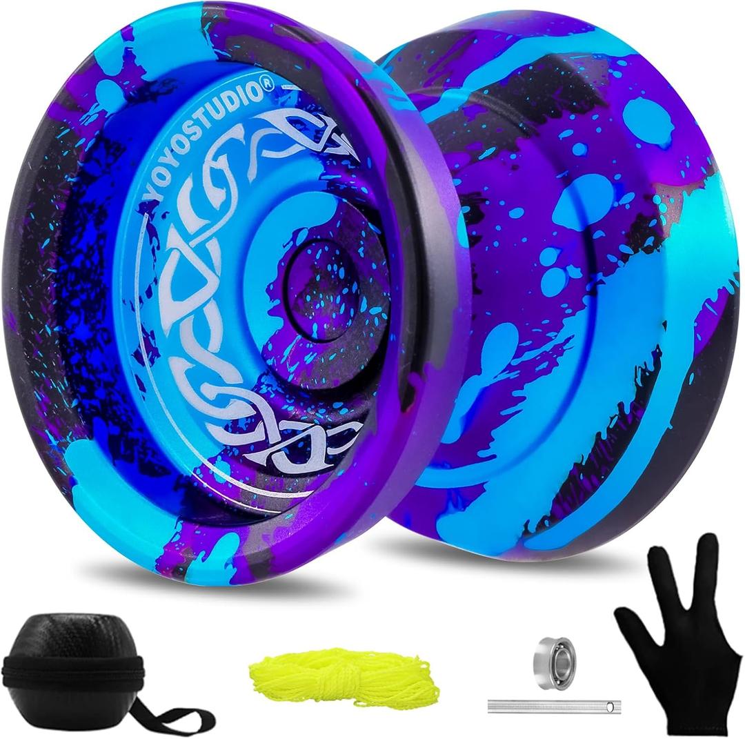 YOYOSTUDIO F25 Finger Spin Yoyo Professional Responsive Yoyo for Kids 8-12 and Beginner, Unresponsive Yoyos for Adults with Yoyos Accessory Kit, 10 Yo-Yo Strings, Case & Glove - Black Blue Purple